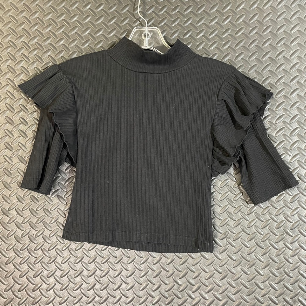 Zara Women's Black Ruffle Sleeve Mock Neck Ribbed Knit Top Size M Stretch Blouse